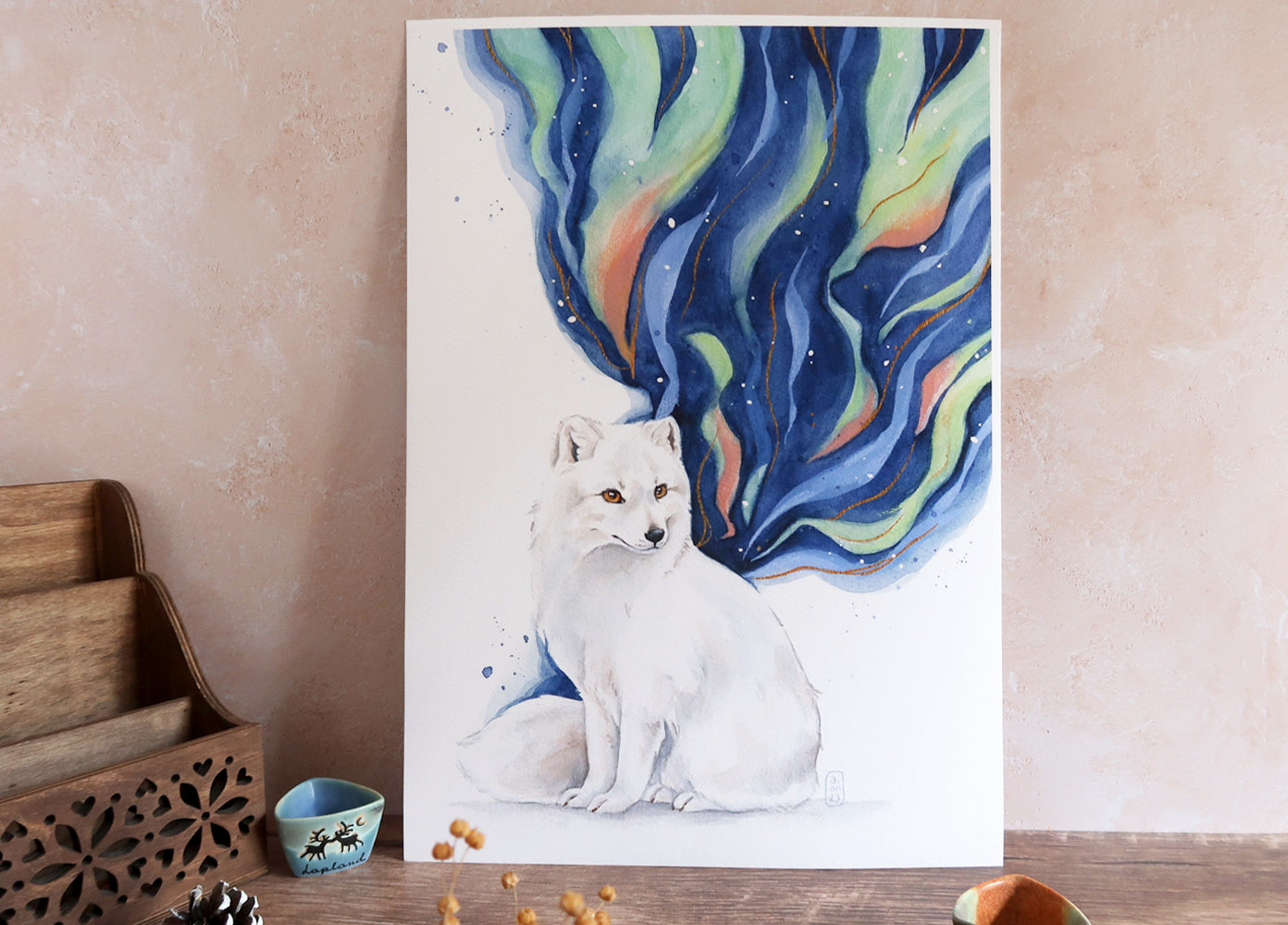 affiche aquarelle renard polaire et aurore boréale