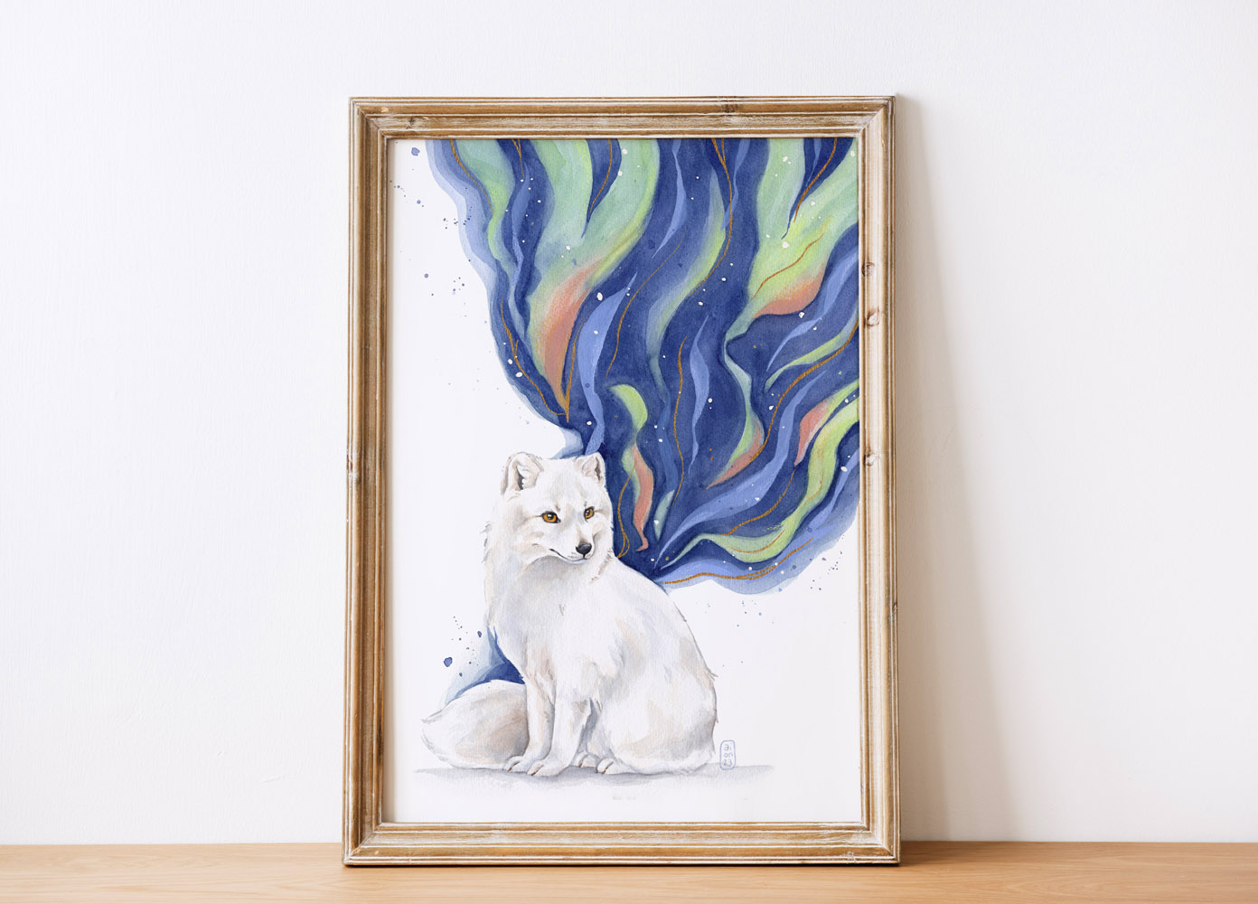 affiche aquarelle renard polaire et aurore boréale