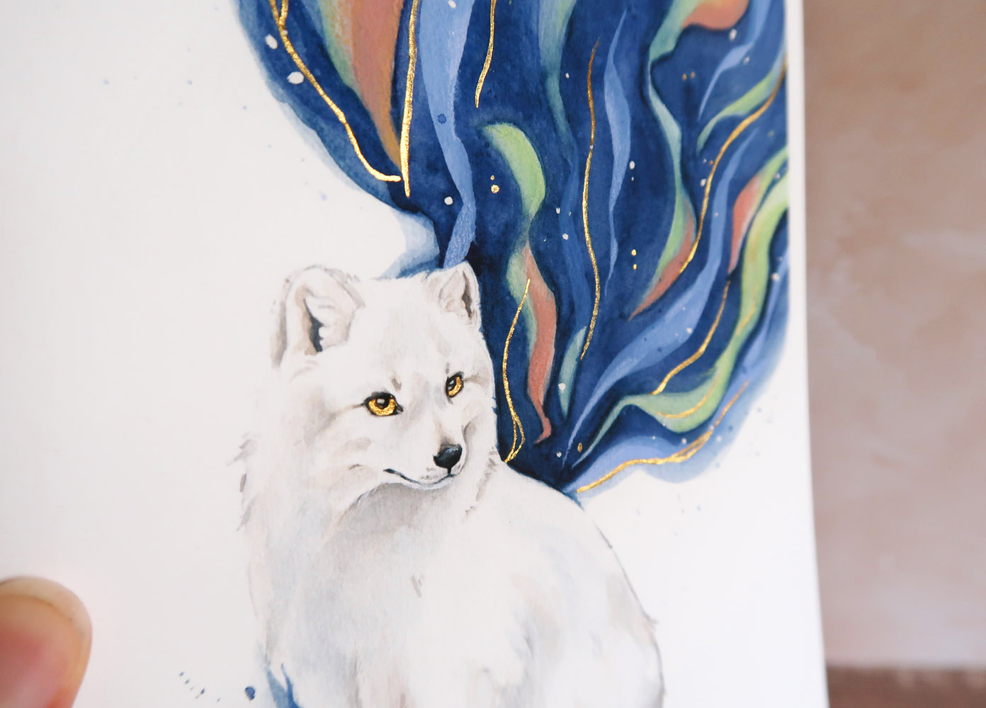 affiche aquarelle renard polaire et aurore boréale
