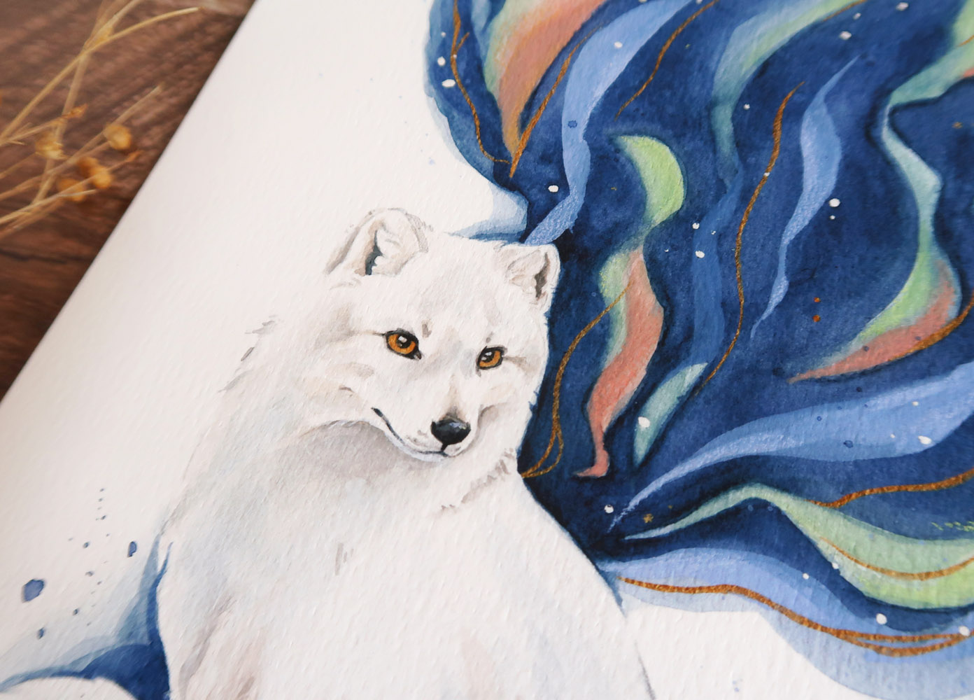 affiche aquarelle renard polaire et aurore boréale
