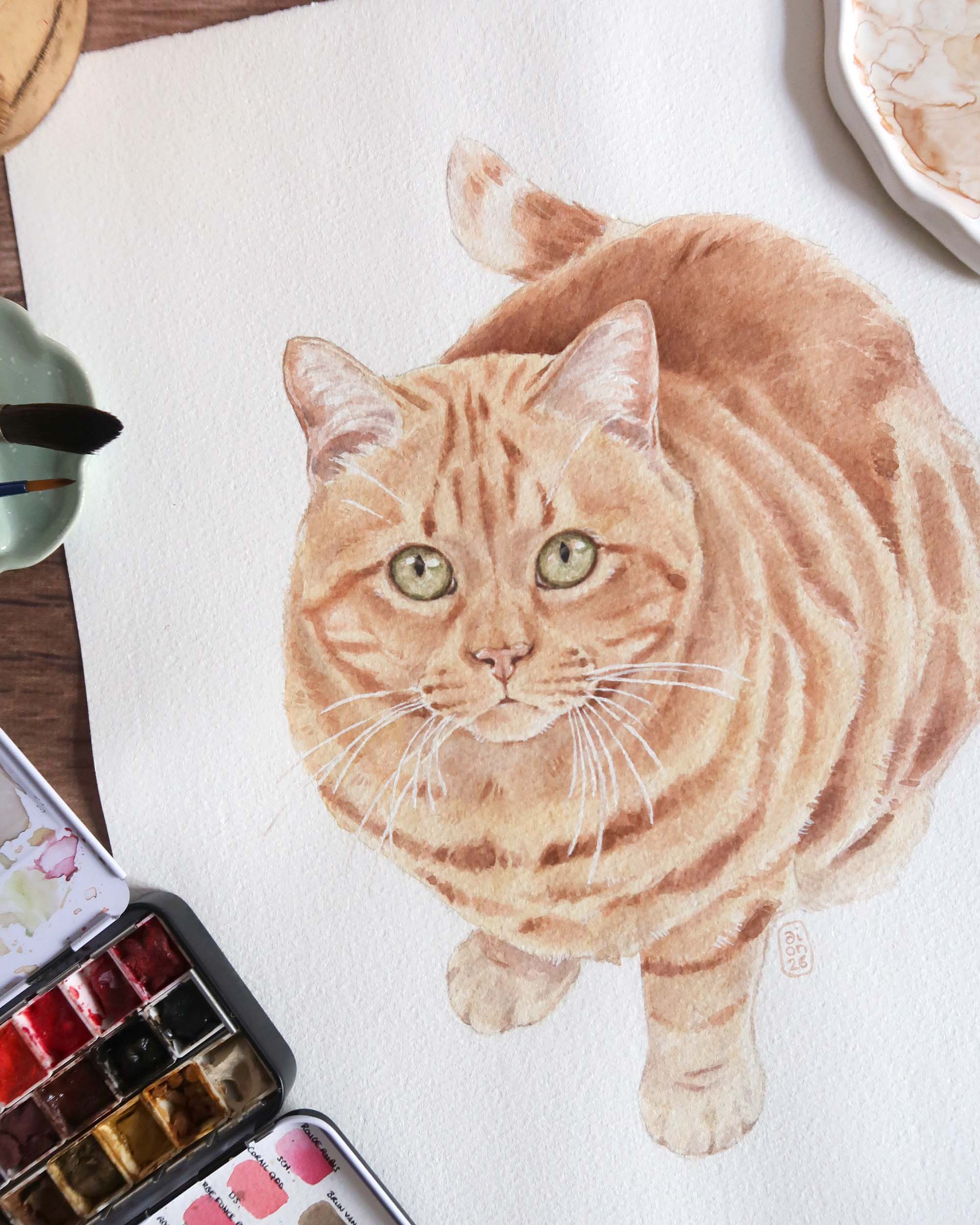 portrait à l'aquarelle d'un chat roux