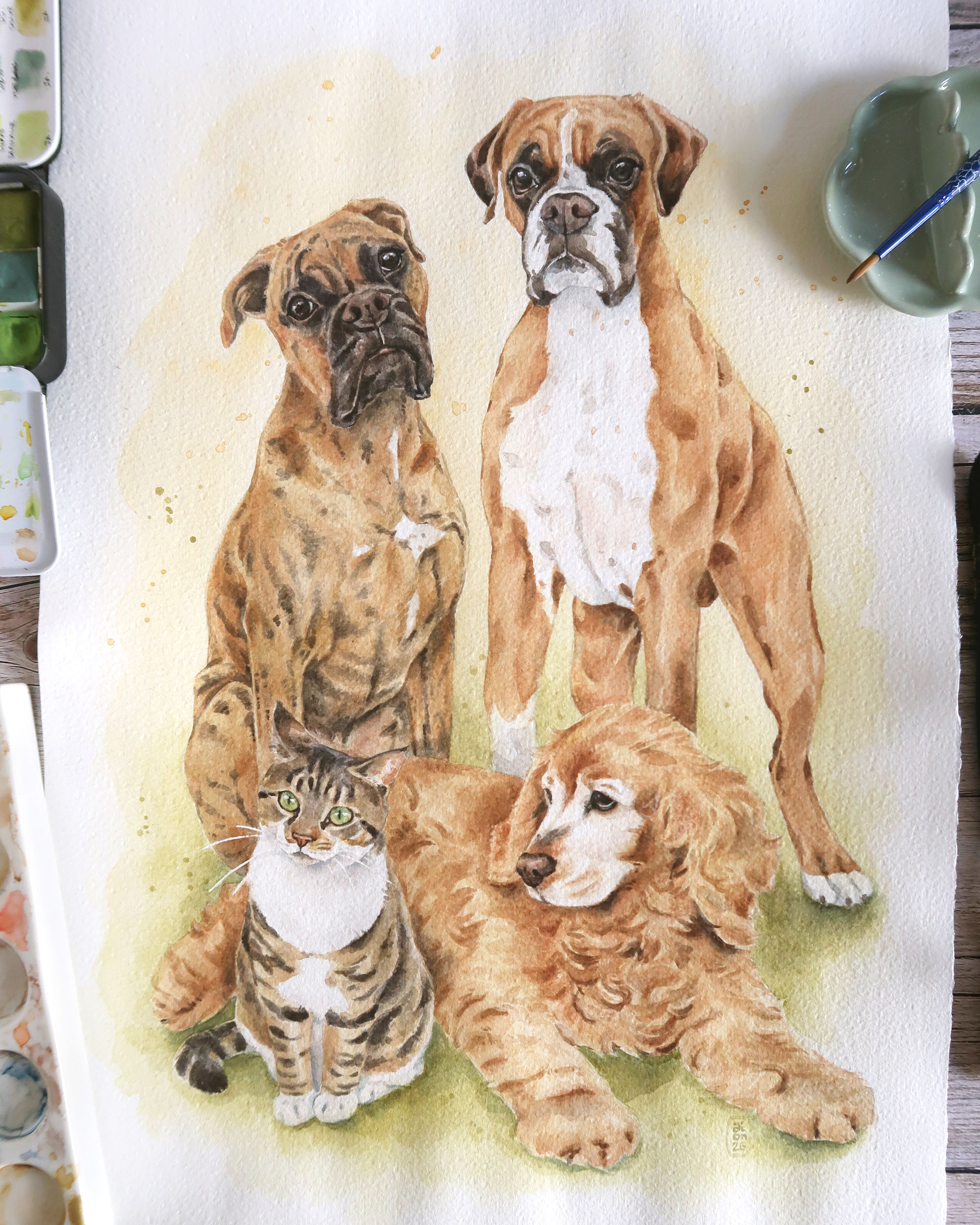 quadruple portrait à l'aquarelle de 3 chiens et un chat