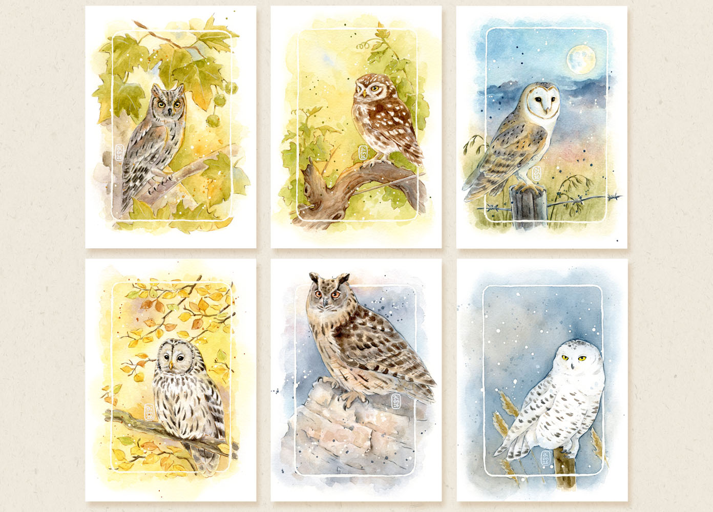 calendrier 2027 illustré à l'aquarelle Chouettes et Hiboux