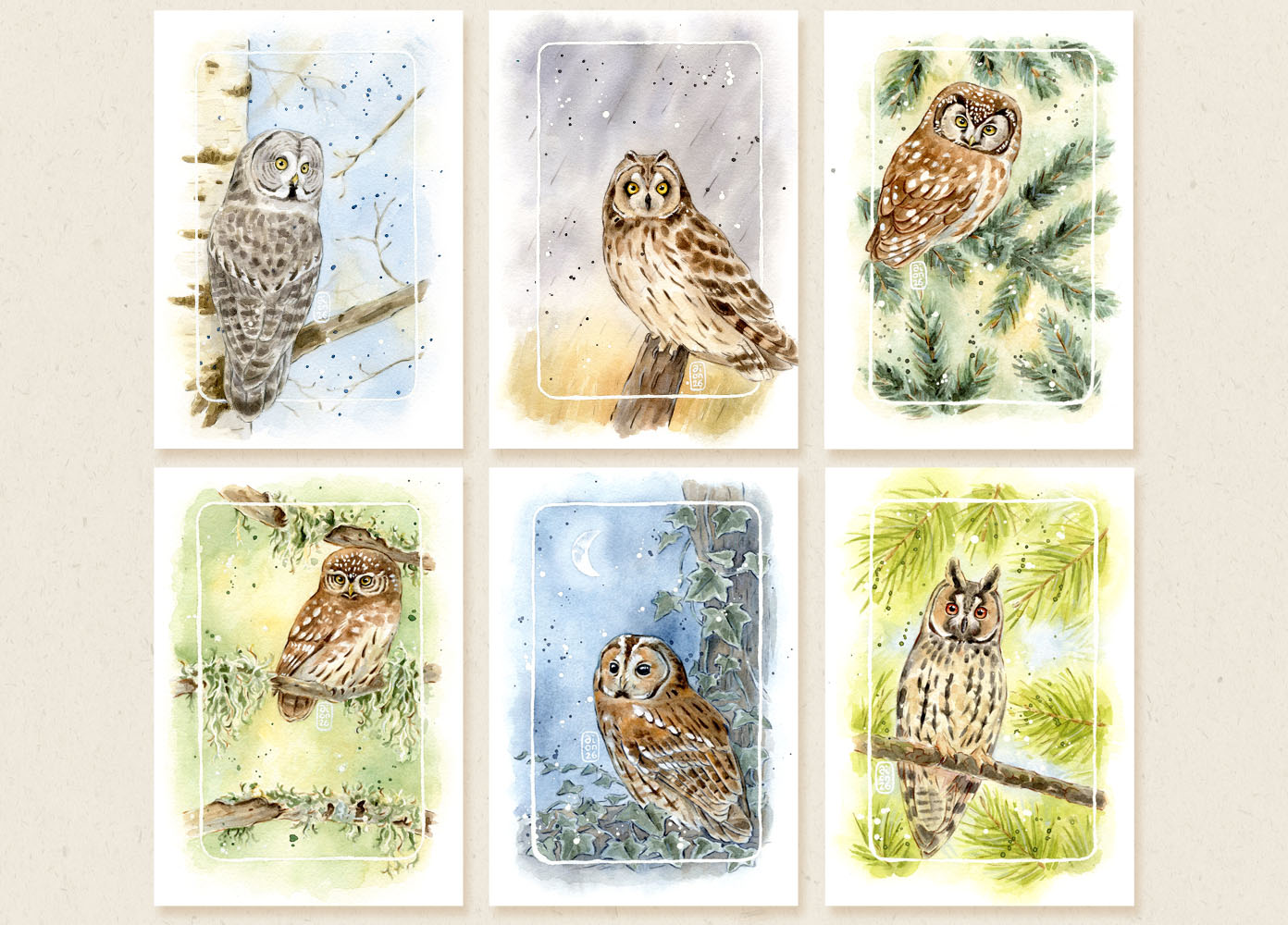 calendrier 2027 illustré à l'aquarelle Chouettes et Hiboux