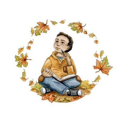 Illustration à l'aquarelle d'un enfant réfléchissant dans une bulle de feuilles